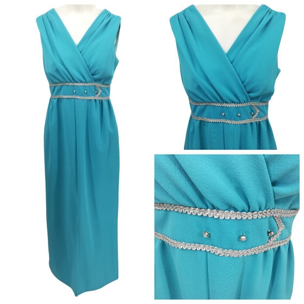 Vintage 70s Sleeveless Maxi Formal Dress Size S? Blue Rhinestone Silver V Neck
